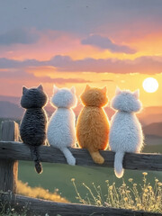 Three Cats Sitting on Wooden Fence Watching Sunset in Scenic Landscape
