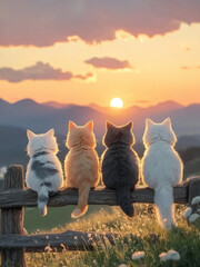Peaceful Evening Scene with Three Cats and Colorful Sky Horizon
