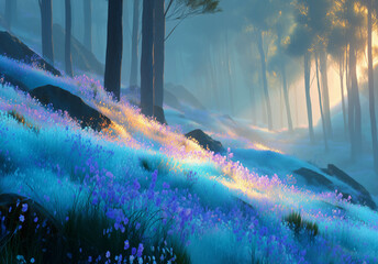 Fantasy Landscape of Blossoming Flowers and Trees at Dawn