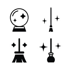 Four black icons featuring a crystal ball and broomsticks with sparkles magic