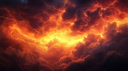 Fototapeta premium A dramatic sky filled with fiery orange and red clouds, illuminated by flashes of lightning, creating an intense and powerful atmosphere.