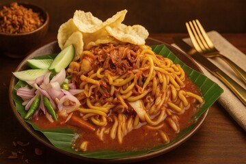 An appetizing plate of Mie Aceh, a traditional Indonesian noodle dish from Aceh. The thick noodles are cooked in a spicy and savory broth, served with beef, fresh vegetables, and crispy crackers.