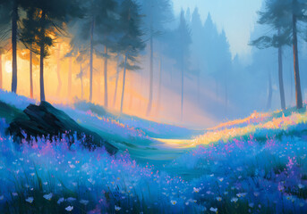 Fantasy Landscape of Blossoming Flowers and Trees at Dawn