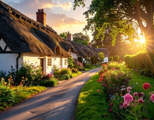 Charming English countryside cottage with thatched roof, blooming flower garden and golden sunset light along a peaceful rural lane, idyllic traditional village scenery perfect for travel, heritage an