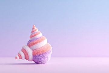 Striped pastel seashell in a minimalist studio setting, soft pink and lavender background, dreamy, whimsical concept