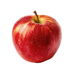 Close-up of a single, round, red apple with yellow stripes, displaying a smooth, glossy skin with water droplets