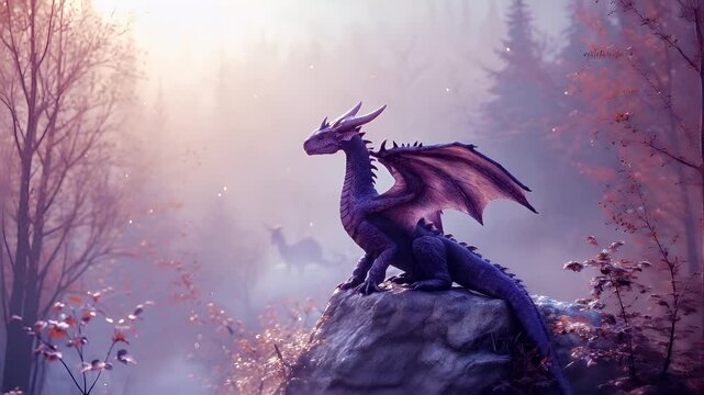 A fantasythemed digital artwork featuring a purple dragon perched atop a rock amidst a misty forest backdrop. The dragon is depicted in a side profile, with its wings spread out.