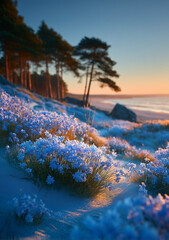 Enchanted Blue Flower Meadow in a Dreamlike Forest