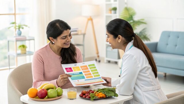Doctor Showing Nutritional Information to Patient with Food - Powered by Adobe