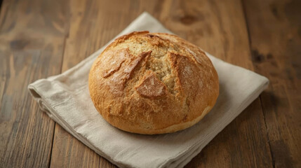 Naklejka premium Freshly baked artisan bread with golden crust and flour cracks. Rustic homemade loaf on linen cloth and wooden table