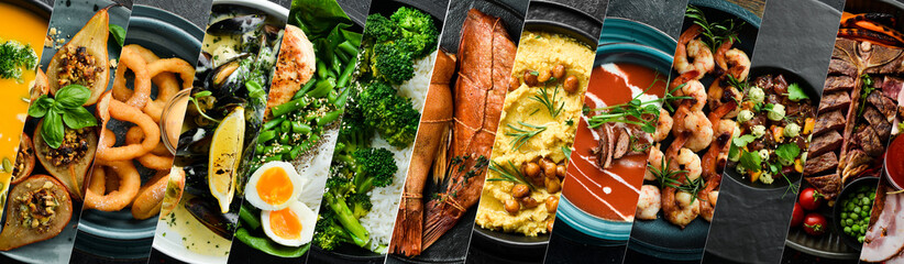 Collage of many popular all over the world breakfasts, lunches and snacks. Collage of different assortment of food.