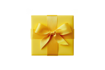 Bright yellow gift box with ribbon, present for birthday, celebration, anniversary, party, holiday, christmas, new year isolated on transparent background