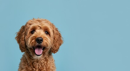 Happy dog portrait against a solid blue background