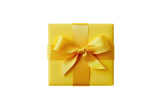 Bright yellow gift box with ribbon, present for birthday, celebration, anniversary, party, holiday, christmas, new year isolated on transparent background - Powered by Adobe