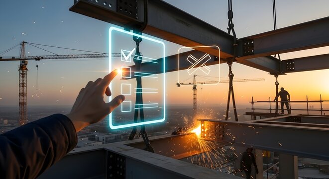 Construction site quality control with digital checklist interface and worker safety inspection at sunset.