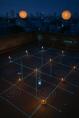 Fototapeta premium Rooftop at blue hour with clay oil lamps and digital smart grid overlay, kolam patterns on terracotta tiles, city skyline bokeh, paper lanterns, futuristic IoT energy concept