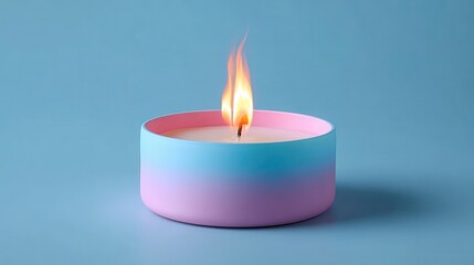 Lit Candle in Gradient Container on Blue Background