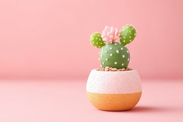 Stylized Cactus with Flower in Two-Tone Pot on Pink Background, Soft Lighting, Playful Still Life, Cute and Minimalist Aesthetic