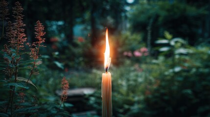 Fototapeta premium Lit Candle with Flame in Garden Setting