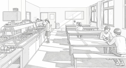  Monochromatic illustration depicts a school cafeteria scene during lunch break