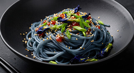 Delicious Black Noodles with Garnish in a Bowl