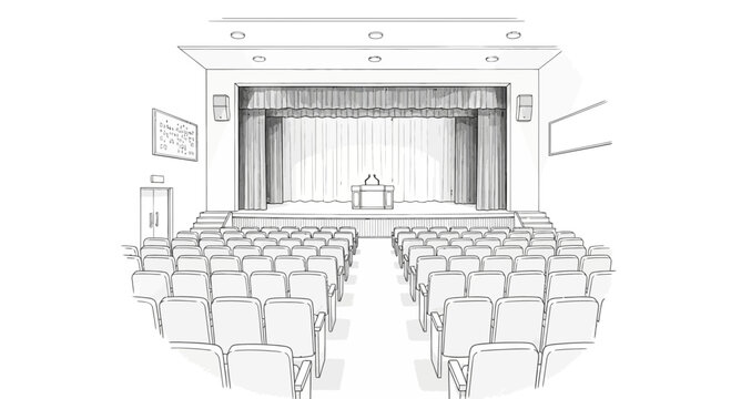 A Hand Drawn Sketch of an Empty Auditorium with Stage and Seating