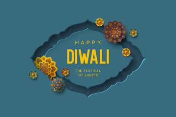Diwali festival holiday design with paper cut style of Indian Rangoli. Blue color. Vector illustration.