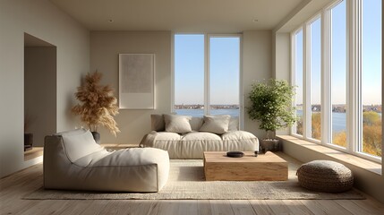 Modern living room interior design with large windows and comfortable seating