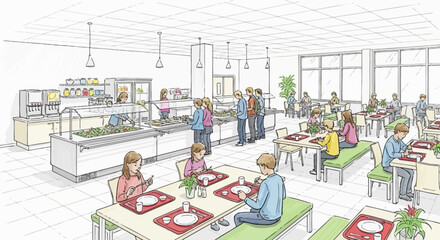 Bright cafeteria scene featuring students and servers in a lively environment