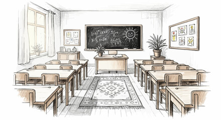 Charming Sketch of a Classroom Scene with Desks, Blackboard, and Sunlight