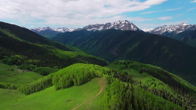 AJAX Aspen Mountain backcountry spring summer Rocky Mountain Conundrum Creek Castle Peak aerial drone Ashcroft Little Annie Trail Basin 4wd road morning blue sky cabins Aspen trees grove zoom in