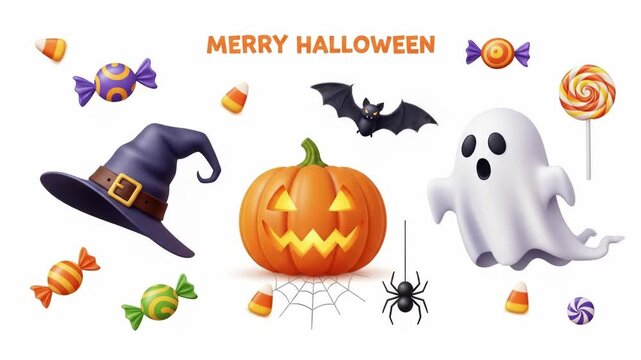 Festive Halloween display featuring a pumpkin, ghost, bat, and candy