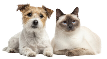 Obraz premium A friendly dog and cat lying side by side, captured in a serene moment, perfect for pet lovers.