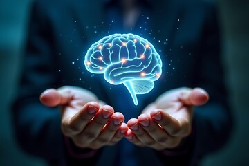 Brain health concept mind intelligence memory and mental wellness with human hands holding brain