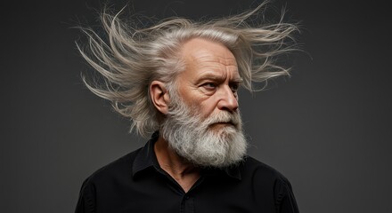 The Windswept Wisdom: A dignified older man with a flowing white beard and wind-swept hair embodies the spirit of resilience and enduring life.