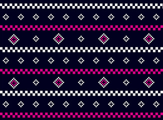 Fototapeta premium Vibrant fuchsia and white geometric pixel art pattern on a dark blue background, offering a contemporary take on traditional textile designs for modern projects