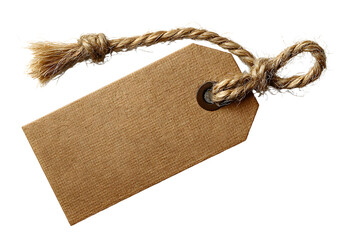 Isolated blank kraft paper tag, a rectangular price tag with a reinforced hole and natural jute twine