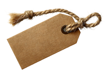 Isolated blank kraft paper tag, a rectangular price tag with a reinforced hole and natural jute twine