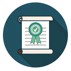 Approved Document: Flat Design Icon, Green Seal of Approval, Certificate of Completion, Achievement, Success.