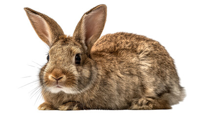 Obraz premium Brown rabbit with long ears resting on a white isolate background.