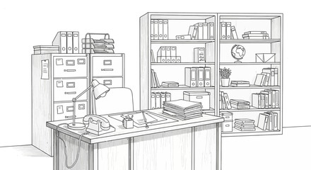 Detailed Sketch Illustration of a Well-Organized Office Space in Black and White