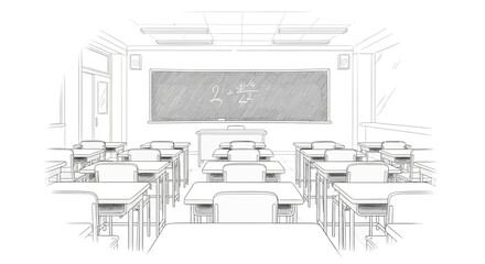 Detailed Sketch of a Classroom Interior with Desks and Blackboard Art