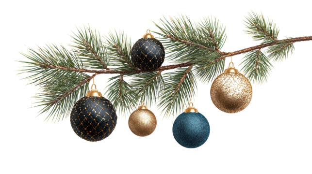 Christmas tree branch with beautiful ornaments, isolated on white background.