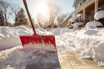 Snow shoveling a walkway on a sunny winter day near houses