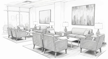Elegant monochrome sketched waiting area with stylish furniture designs