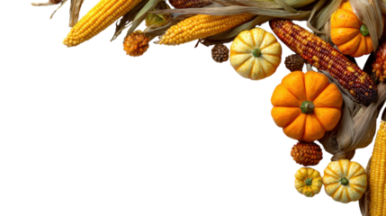 Colorful assortment of pumpkins and corn in a rustic autumn setting, perfect for seasonal compositions.