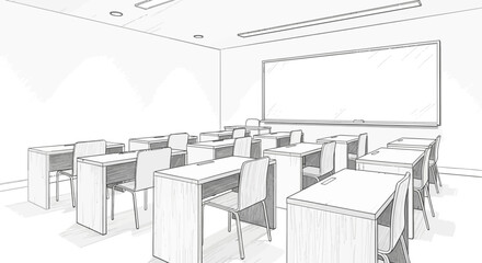 Fototapeta premium Hand drawn classroom interior illustration with desks and chairs