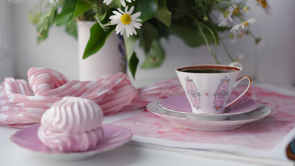 Elegant pink decoration featuring delicious dessert, coffee cup, and aromatic ambiance, creating a delightful scene for enjoying sweet treats and cozy moments with copy space