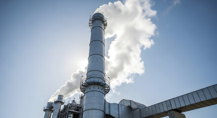 Industrial biomass facility with a tall smokestack emitting steam against a clear blue sky. Focus on logging biomass and boiled biomass processes.