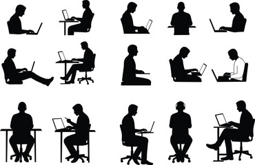 Silhouette laptop users, remote work, office workspace, computer technology, online learning, digital communication, business meeting, freelance illustration
